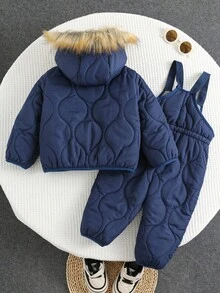 SHEIN 2pcs/Set Baby Boys Cute Casual Blue Thermal Lined  Jacket + Thick Fleece Bib Pants Snowsuit, Unisex Baby Winter Clothes Fall - Multicolor - View 4
