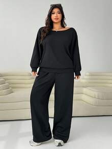 Solflare 大码休闲纯色斜肩上衣和裤子两件套，秋季两件套家居套装女女士两件套休闲两件套舒适两件套 - 黑色 - 查看 5