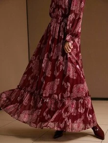 PREMIUM ALLOVER PRINT ELASTIC WAIST FRILL TRIM RUFFLE HEM SKIRT WITHOUT BELT - Red - View 3