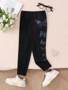 SHEIN 年轻女孩荧光休闲街头时尚修身打底裤，时尚荧光蝴蝶图案紧身裤，适合日常休闲、户外运动、秋冬 - 黑色 - 查看 3