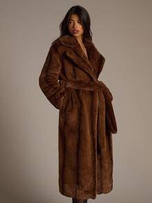 Aloruh 女士秋冬新款黑帮妻子风格渐变色长袖厚人造毛领系带长款人造毛外套 - 咖啡棕 - 查看 7