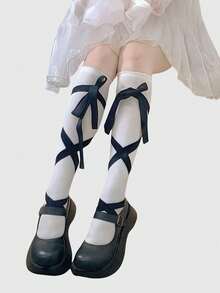 ROMWE Kawaii 1 Pair Cute & Sweet White Lace Bowknot Over-The-Knee Socks, Suitable For Anime, Lolita Fashion, Dates, School, Shopping, Conventions, Etc. - White - View 3