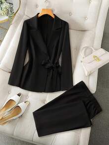 Flouryn Women's Elegant Side Tie Lapel Collar + Straight Leg Pants Two Pieces Suit, Plus Size, Autumn/Winter Fall Cloth For Women - Dark Grey - View 1