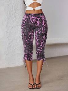 SHEIN Unity Women's Leopard Print Drawstring Skinny Pocket Casual Jeans - Multicolor - View 5