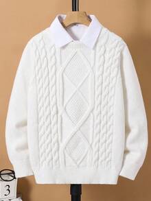 SHEIN 1 Piece Tween Boy Casual Sports College Art Retro Round Neck Sweater With Thick Twist Texture Suitable For Kids Outfits Toddler Boy Clothes Back To School Boys Set Suitable For Birthday Parties, Evening Parties, Performances, Weddings, Baptisms, Opening Ceremonies Daily Suitable For Daily Use Suitable For School Suitable For Travel Suitable For Sports Suitable For Autumn And Winter Winter Tops White Sweaters Winter Clothes Boys First Day Of School Kids Boy Fall