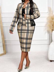 SHEIN Lady 女款格紋兩件式套裝，優雅商務休閒對比蕾絲夾克中長裙套裝，大尺碼米色夏季西裝外套，適合晚宴與辦公室 - 彩色 - 查看 5