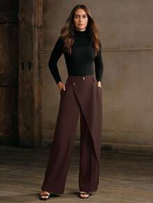 Anewsta 女士休闲不对称下摆宽松直筒裤，适合通勤、春秋季 - 棕色 - 查看 7