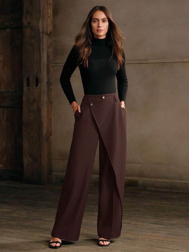 Anewsta Essential Women's Casual Asymmetrical Hem Relaxed Fit Straight Leg Pants, Suitable For Commuting, Spring & Autumn