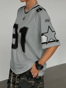 Flirla 女式数字印花短袖网眼拼色宽松运动 T 恤，春夏图案 T 恤女式上衣