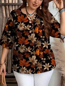 Mellowie Camisa casual de talla grande para mujer con estampado de hojas de arce vintage, adecuada para el verano