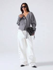 LYSMO 女式纯色落肩长袖单排扣休闲针织开衫，秋冬 - 深灰色 - 查看 6