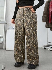 SHEIN EZwear Plus Size Vintage Tree Branch Print Patch Pocket Straight Loose Casual Street Pants, Autumn/Winter Camo Pants Western Pants - Multicolor - View 4