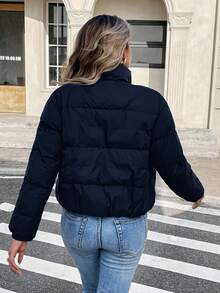 SHEIN Frenchy Women's Blue Quilted Zip-Up Short  Jacket, Winter - Navy Blue - View 2