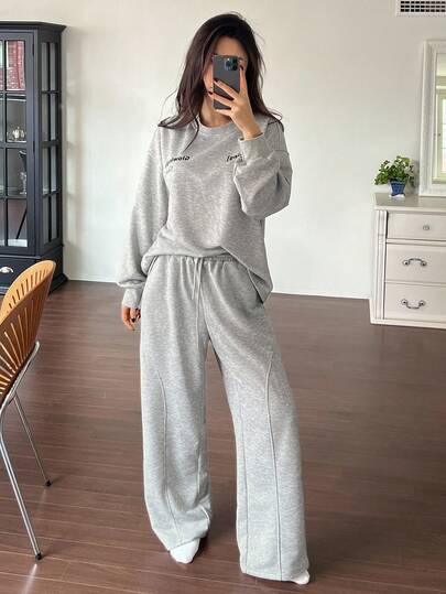 DAZY 女士字母印花装饰宽松运动衫睡衣套装，秋冬装，秋季服装，舒适服装