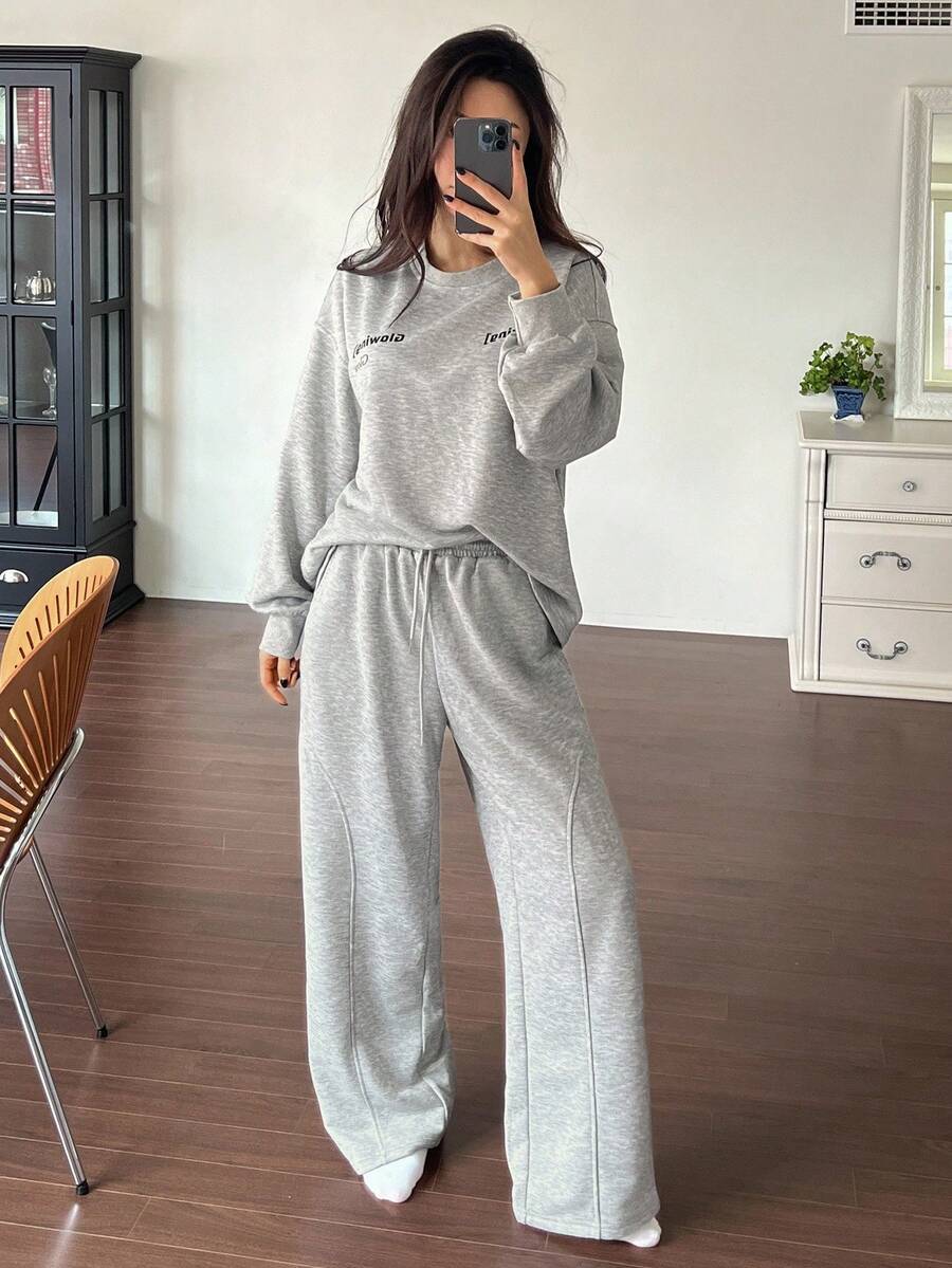 DAZY 女士字母印花装饰宽松运动衫睡衣套装，秋冬装，秋季服装，舒适服装 - 灰色 - 查看 1