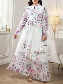 Ellevyn Plus Size Women's Elegant Floral Print Long Maxi Dress, Lightweight & Romantic, Suitable For Summer & Autumn