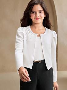 SHEIN Chaqueta de punto texturizada con mangas abullonadas y decoración de perlas 3D en los hombros, elegante cárdigan corto para niña preadolescente - Blanco - Ver 3