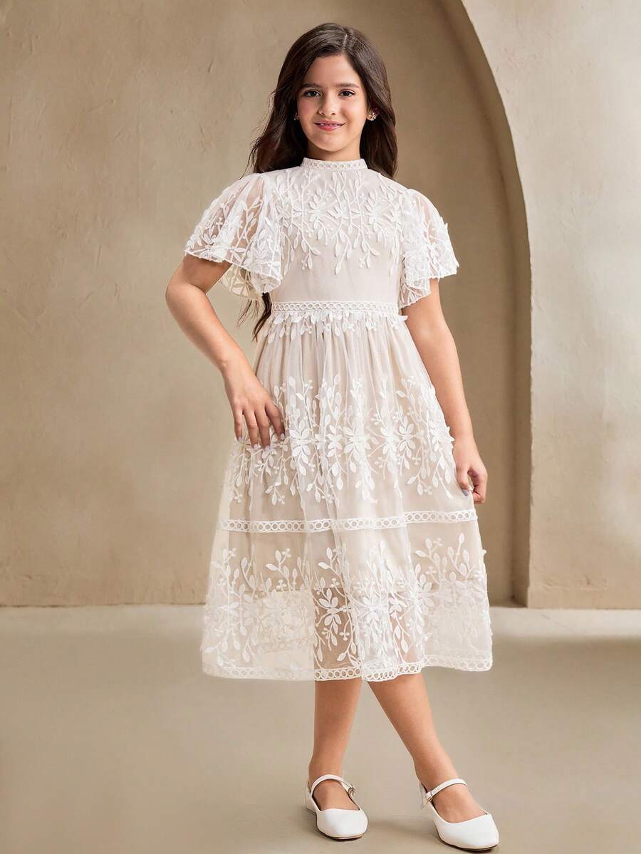 SHEIN Elegante vestido de princesa de encaje para la fiesta de cumpleaños de una niña preadolescente - Albaricoque - Ver 1