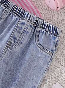 SHEIN Playful Pals 女宝宝春秋条纹长袖衬衫两件套搭配宽松浅蓝色牛仔裤，甜美休闲装，百搭日常出游 - 粉色 - 查看 5