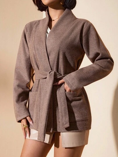 EURMUSE Women's Woolen Look Belted Jacket – Soft Woven Tie Waist Coat, Long Sleeve Open Front Outerwear With Pockets, Classic Lightweight Warm Fall & Winter Layer