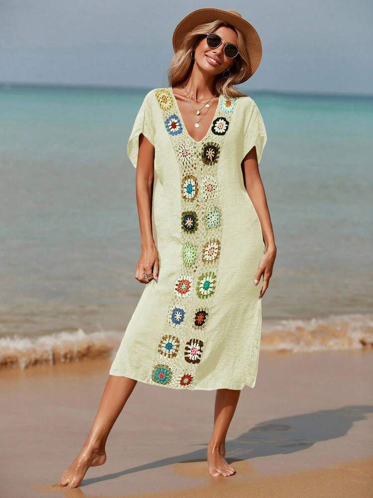 Women's Crochet V-Neck Batwing Short Sleeve Loose Coverup Dress, Suitable For Vacation