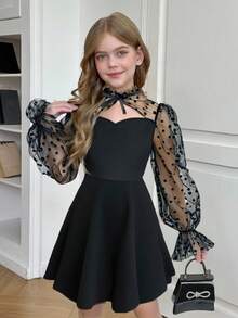 SHEIN Vestido de mangas largas con volantes en la cintura, con estampado de lunares, parche de malla y unicolor para niña preadolescente, adecuado para Navidad, fiestas, Año Nuevo, temporada de graduación, vestido negro, Acción de Gracias. - Negro - Ver 7
