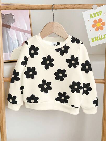 SHEIN 年轻女孩休闲可爱花卉图案宽松圆领舒适针织长袖运动衫，适合秋冬季