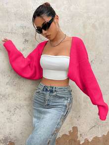 EURMUSE Y2K Grunge Drop Shoulder Open Front Crop Cardigan Without Tube Top - Hot Pink - View 4