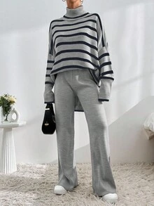 EURMUSE Bộ áo len cổ lọ kẻ sọc nhiều màu và quần len thường ngày, Thu/Đông - Nhiều màu - Xem 5