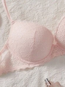 DesireSculpt 1 件优质全蕾丝舒适加厚聚拢钢圈文胸，适合女士 - 粉色 - 查看 4