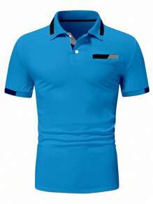 Manfinity Homme Áo thun nam tay ngắn cài nút phía trước màu trơn thường ngày - Màu xanh ngọc - Xem 3