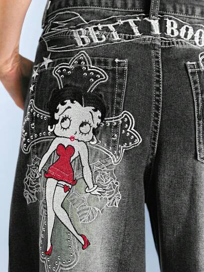Betty Boop | ROMWE Pattern Embroidered With Gothic Cross & Vine Rose Distressed Wash Oversized Straight Leg Extra Long Y2K Jeans