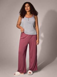Plus Size Knitted Casual Color Block Vest & Pants Pajama Set - Multicolor - View 3