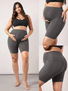 GLOWMODE FeatherFit™ Super High Rise Belly Support 8" Maternity Biker Shorts High-Stretchy - Dark Grey - View 10