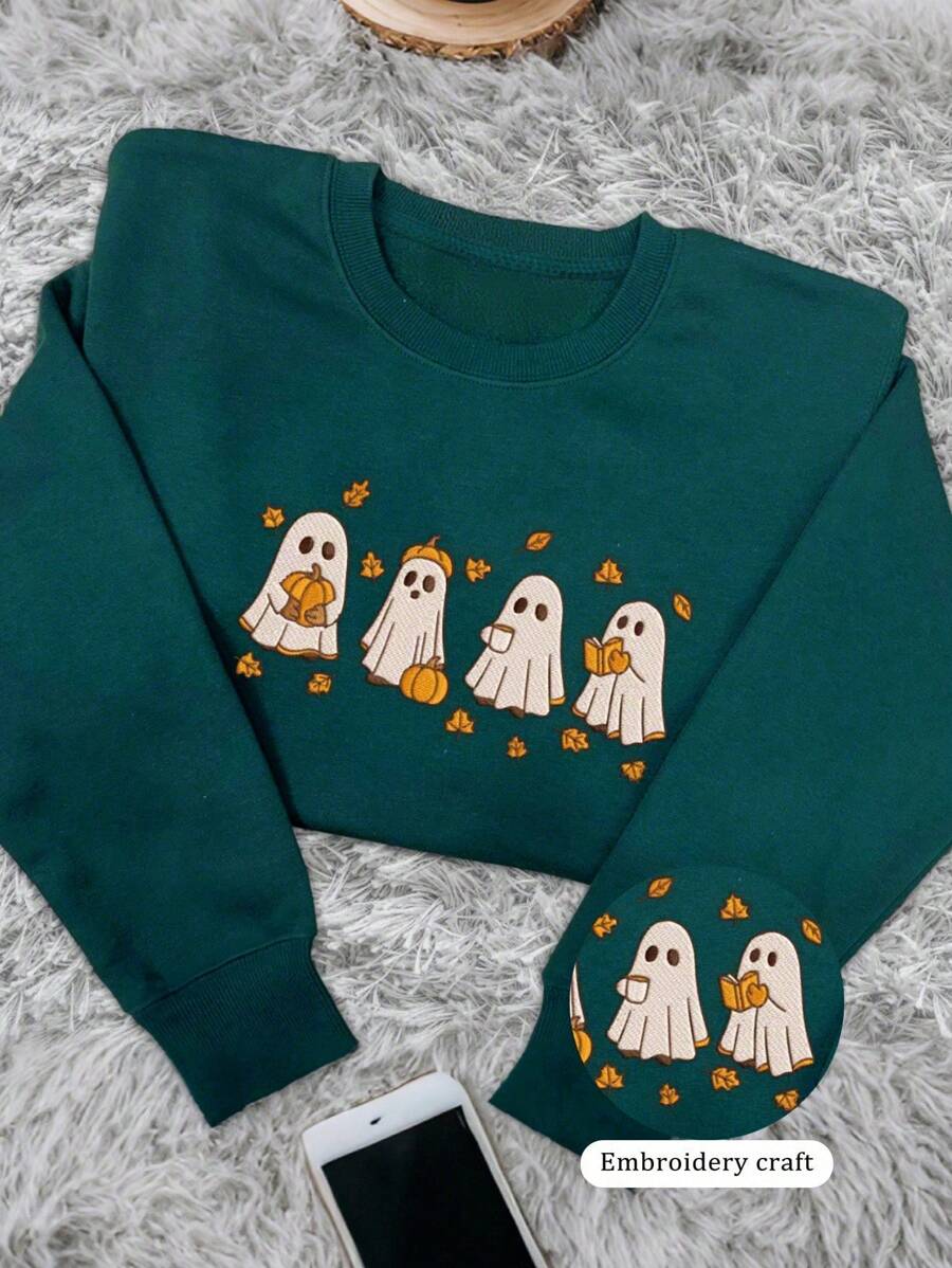 INAWLY Felpa ricamata horror autunnale, felpa vintage di Ognissanti con zucca horror, regalo di Ognissanti con fantasma e zucca per donna, girocollo con motivo ricamato, pullover autunnale - Verde Scuro - Visualizzare 1