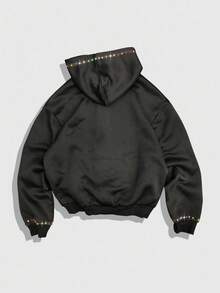 ROMWE MEN Street Life Men's Autumn Slogan Print Long Sleeve Pocket Rhinestone Decor Drawstring Hoodie - Black - View 2