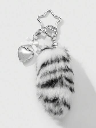 Grunge Punk 1 pieza Accesorio elegante y minimalista de estilo retro Y2K, con lazo de acrílico, corazón de CCB, degradado negro y blanco, cola esponjosa de animal miniatura, llavero con estrella, adecuado para mujeres, uso diario, regalo para vacaciones