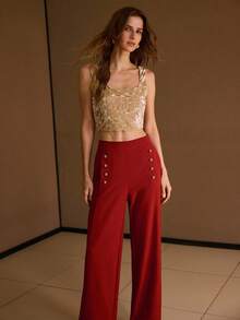MOTF PREMIUM SOLID SLANT POCKET GOLD BUTTON DETAIL STRAIGHT LEG PANTS - Redwood - View 1