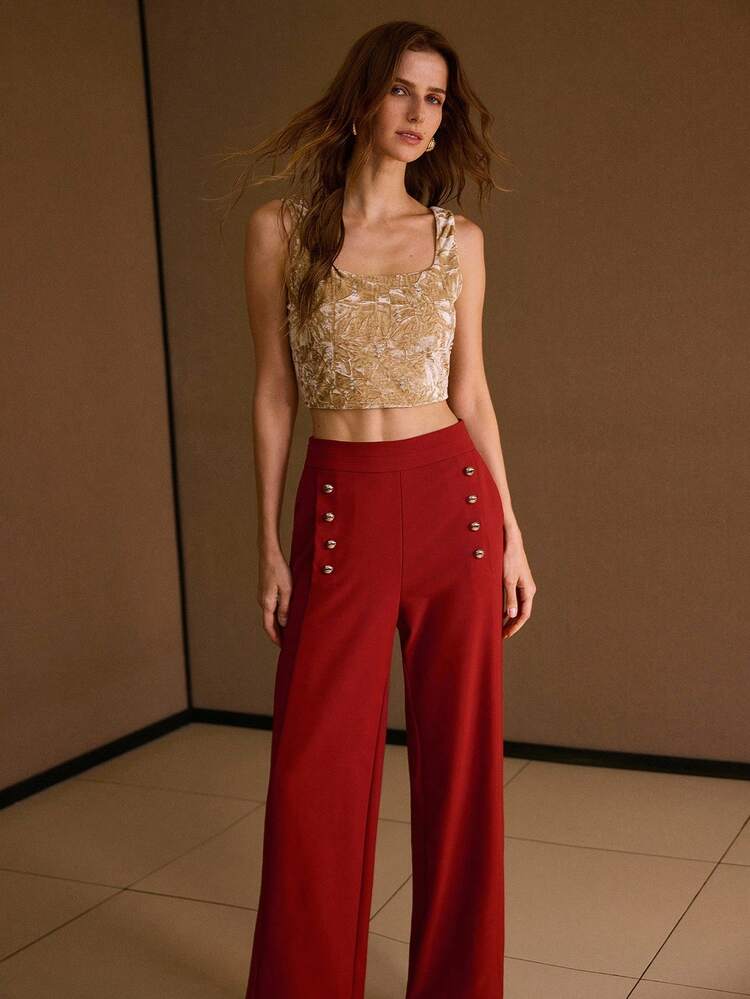 SOLID SLANT POCKET GOLD BUTTON DETAIL STRAIGHT LEG PANTS