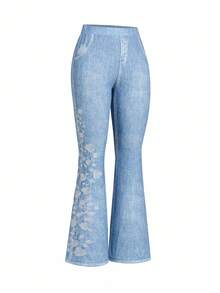Ellevyn Women's Faux Denim Print Knit Elastic Waist Metallic Zipper Embroidered High Waist Elegant Casual Pants, Spring/Summer - Blue - View 4