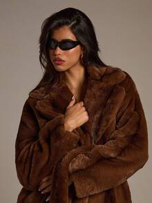 Aloruh 女士秋冬新款黑帮妻子风格渐变色长袖厚人造毛领系带长款人造毛外套 - 咖啡棕 - 查看 5