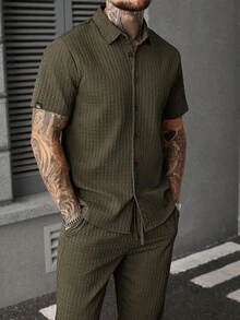 Manfinity CasualCool 男士度假休闲纯色短袖衬衫和裤子套装，男士两件套服装，男士两件套服装，男士夏季服装两件套男士亚麻套装 - 墨綠色 - 查看 4