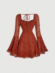 SHEIN MOD 女士白色蕾丝提花喇叭袖短款针织连衣裙，新年女装 - 乾枯玫瑰色 - 查看 2