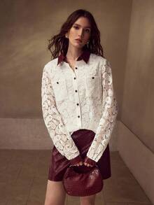 MOTF PREMIUM WOMEN'S CASUAL DAILY SHIRT WITH PERFORATED, EMBROIDERED CASHEW FLOWER, AND EMBOSSED LEATHER PATCHWORK - Red and White - View 1