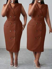 Slaydiva 2025 Neue Frühling/Sommer Damen Große Größen Elegantes Pendler/Date/Büro Figurbetontes Einfarbiges Hellkhaki Gekerbter Kragen Doppelreihiger Gürtel Midi Kleid - B