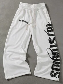 PAVTROS Manfinity Streetrush Men's Letter Print Drawstring Waist Loose Straight Sweatpants - White - View 1