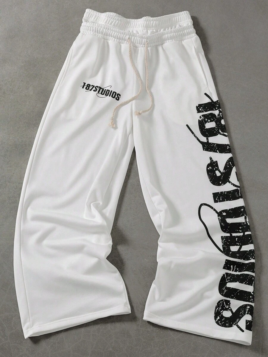 PAVTROS Manfinity Streetrush Men's Letter Print Drawstring Waist Loose Straight Sweatpants - White - View 1