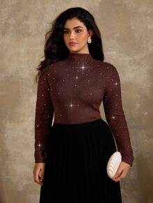 Flirla Áo len dệt kim cổ lọ tay dài đính đá pha lê cỡ lớn cho nữ, mùa thu/đông - Cà phê nâu - Xem 1