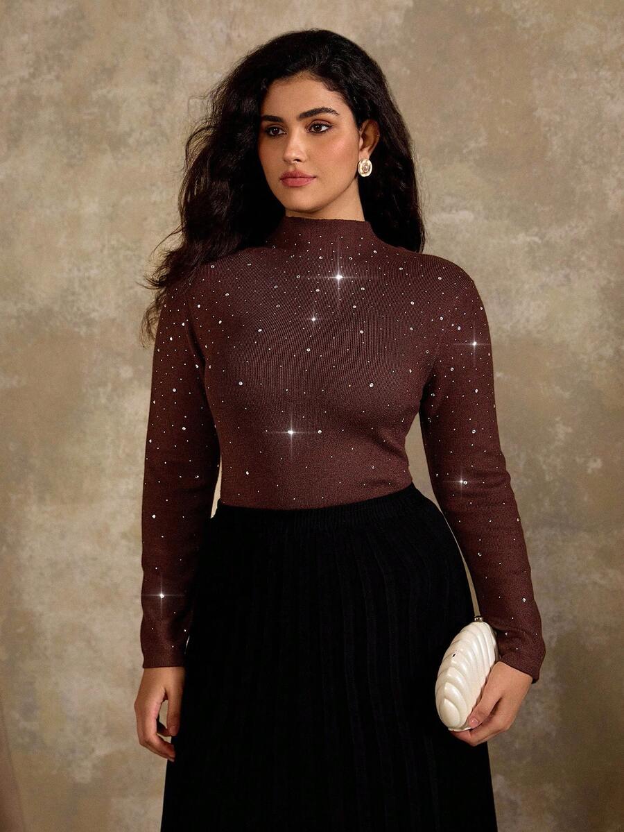 Flirla Áo len dệt kim cổ lọ tay dài đính đá pha lê cỡ lớn cho nữ, mùa thu/đông - Cà phê nâu - Xem 1