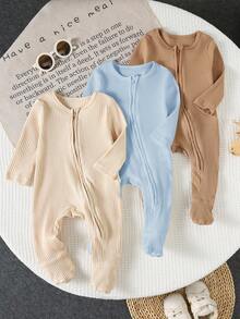 3件套新生儿男宝宝柔软舒适长袖圆领前拉链罗纹针织连体衣套装 - 藍色 - 查看 7